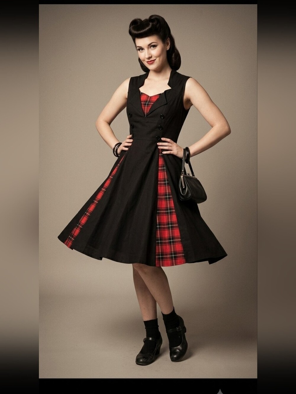 Retro Style 50s Rockabilly Plaid Goth Fit & Flare Dress - Black & Red Tartan